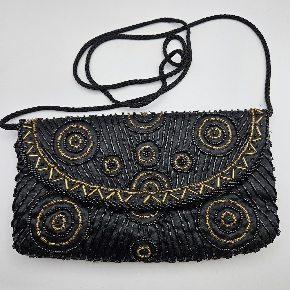 Beaded Handbag‎ Purse Black Gold Evening Hoco Shoulder Strap